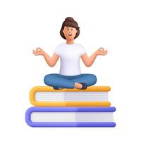 Woman Jane meditating, sitting in yoga lotus pose with wise gesturing on large stack of textbooks. Education, reading and literature concept. 3d people character. vector