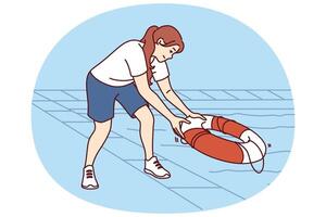 Woman throws lifebuoy into pool to help drowning or non-swimmer who has fallen into water vector