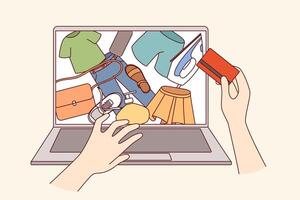Hands of person engaged in online shopping and ordering clothes via internet, thanks to credit card vector