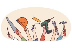 Hands of repair and construction specialists with working tools for safe and efficient work vector