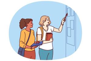 Girls students stand in corridor of college or university near blackboard with lesson schedule vector