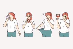 Woman with symptoms diabetes experiences thirst and hunger, or suddenly loses weight for no reason vector