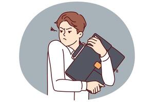 Excited man with business bag in hands is trying to avoid loss and theft of important documents vector