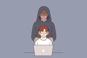 Cybercriminal stands behind little boy using laptop, for concept of danger of pedophilia on internet vector
