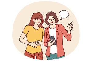Women with phone walk around city and use navigation application to find right place in city vector