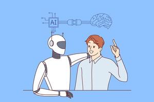 Collaboration of AI and business man using modern technologies or innovations to improve work vector
