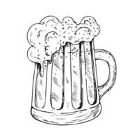 Glass of beer with cap of foam. Graphic ink ale illustration isolated on background. Hand drawn line sketch. For designers, prints, logo, menu, postcards, wrapping paper, holiday, covers vector