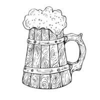 old wooden mug with cap of foam. Graphic ink ale illustration isolated on background. Hand drawn line sketch. For designers, prints, logo, menu, postcards, wrapping paper, holiday, covers vector