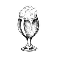 Glass of beer with cap of foam. Graphic ink ale illustration isolated on background. Hand drawn line sketch. For designers, prints, logo, menu, postcards, wrapping paper, holiday, covers vector