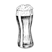 Glass of beer with cap of foam. Graphic ink ale illustration isolated on background. Hand drawn line sketch. For designers, prints, logo, menu, postcards, wrapping paper, holiday, covers vector