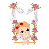 Cupid with bow and arrow. Charming cupid on a swing. Valentine's Day element. Flat illustration for print, greeting card, poster. vector