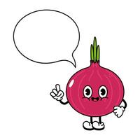 Cute funny Red onion with an inscription character. hand drawn traditional cartoon vintage,retro, kawaii character illustration icon. Isolated white background. Red onion character vector
