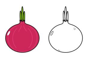 Cute funny Red onion outline cartoon illustration for coloring book. hand drawn traditional cartoon vintage, retro, Red onion. Isolated on white background vector