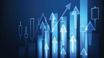 business bar chart with candlesticks stock market and arrow up on blue background vector