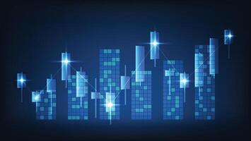 business finance background with bar graph and candlesticks chart with blue glowing light vector