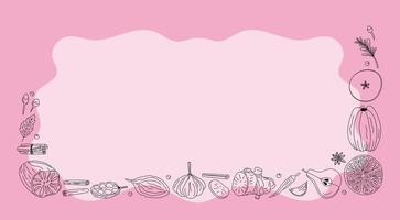 Frame, background recipe for mulled wine. Ingredients for wine drink, linear icons of spices. Cooking, winemaking. vector