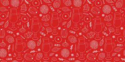 Mulled wine recipe. Drink glass with ingredients. Repeating pattern. Wine drink, spice linear icons. Cooking, winemaking. Seamless background. vector