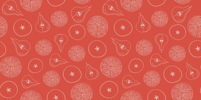 Pattern seamless, citrus, food. Orange, apple, pear, lemon. Fruit slices. Hand drawn line icons. Repeating doodle background. vector
