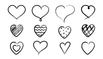 Doodles of different linear hearts with brush. illustration of hand drawn heart icon. vector
