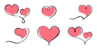 Set of linear hearts of different shapes, drawn with a brush. outline illustration of Valentine's Day icons in hand-drawn style. vector