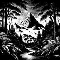 Monochrome Jungle Scene with Palm Trees and Waterfall vector