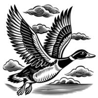 Black and White Illustration of a Flying Duck with Detailed Feathers vector