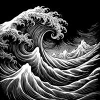 Monochrome Artwork Depicting Large Waves with Intricate Details and Foam vector