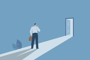 The concept of access and success, The door to success, The entrance to business or career opportunities, Progress or path to solving problems, Businessman sees a brightly lit door ahead. . vector