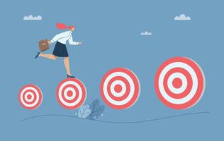 An ambitious businesswoman runs after a bigger dartboard target. Determined to achieve greater success, Motivation to achieve greater goals, Trying to achieve big goals, design illustration. vector