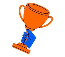 Hand drawn cute cartoon illustration of hand holding award cup. Flat competition or contest winner in colored doodle style. Goblet trophy in arm sticker, icon. First place reward. Isolated. vector