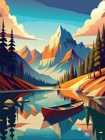 Serene Mountain Lake Scene with Canoe Reflecting in Calm Waters vector