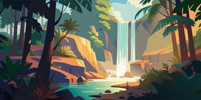 Enchanting Forest Landscape with Sparkling Waterfall and Dense Vegetation vector
