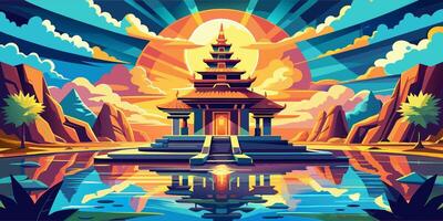 Ancient temple at sunset surrounded by mountains and a reflective pond vector