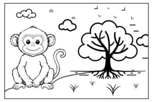 Simple cute a monkey in the meadows with tree coloring page for kids vector