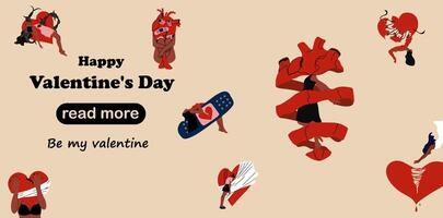 Web page design template. Set of girls with a broken heart. Anti Valentine's day concept. vector