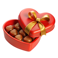Heart-shaped red box filled with chocolates, adorned with a gold ribbon, placed on a transparent background, symbolizing love png