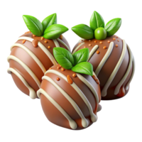 Three chocolate truffles with white drizzle and decorative green leaves on a transparent background, concept of desserts png