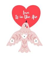A stylish bird with flowers in a naive style holds a heart in its beak. Love is in the air. Valentine's Day. vector