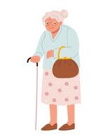 Old grandmother with a stick and a vintage handbag. vector