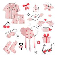 Valentine's Day set. Cute women's pajamas, cherries, candle, bow, socks, butterfly, flowers, stars, birds, pigeons, balloons, key, gift, heart-shaped glasses, sleep mask, cup. vector