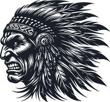 Ferocious Native American Warrior Head with Angry Expression vector