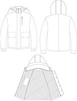 This technical drawing presents a detailed illustration of a men's outdoor jacket with a robust and stylish design. Precise lines depict construction features and standout design elements vector