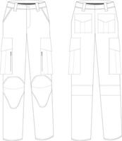 This technical drawing presents a detailed illustration of men's motorcycle cargo pants with a quilting and stylish design. Precise lines depict construction features and standout design elements vector