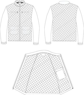 This technical drawing presents a detailed illustration of a men's motorcycle jacket with a robust and stylish design. Precise lines depict construction features and standout design elements