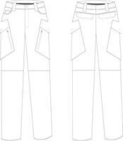 This technical drawing presents a detailed illustration of men's motorcycle cargo pants with a robust and stylish design. Precise lines depict construction features and standout design elements vector