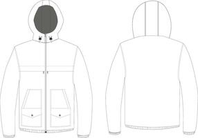 This technical drawing presents a detailed illustration of a men's outdoor jacket with a hoodie and stylish design. Precise lines depict construction features and standout design elements vector