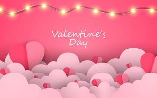Paper hearts floating on clouds background for valentines day vector
