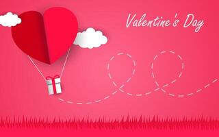 valentine background, heart shape balloons hanging gift boxes floating in the sky. paper art and digital craft style. vector