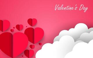 Valentines day greeting banner in paper cut realistic style. Paper hearts, and clouds. vector
