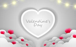 Horizontal banner with paper cut sky and clouds. Place for text. Happy Valentine's Day sale header or voucher template with hearts. vector